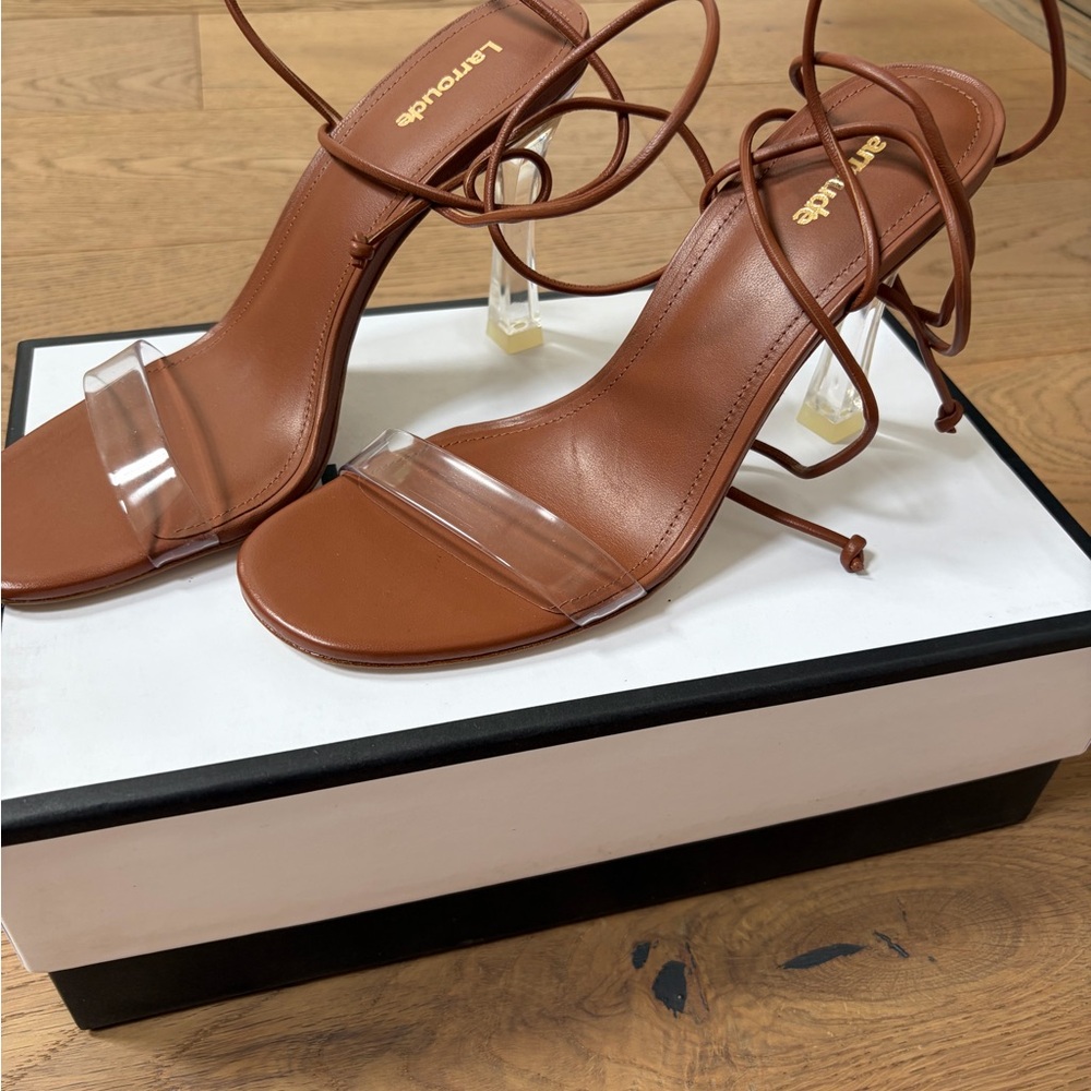 Larroude Tan Clear Strap Lace-Up Heels